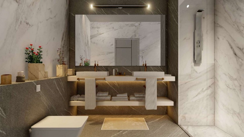 Högkvalitativt badrum med stor dusch