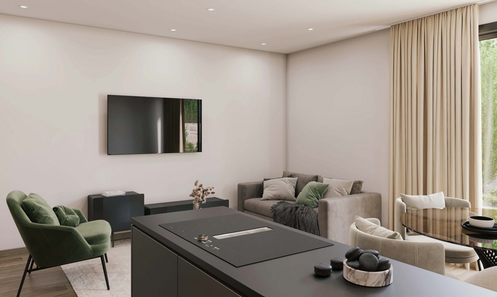 Elegant, öppet vardagsrum i en lägenhet på ön Krk med en stor soffa, snygga möbler och utsikt över gröna landskap