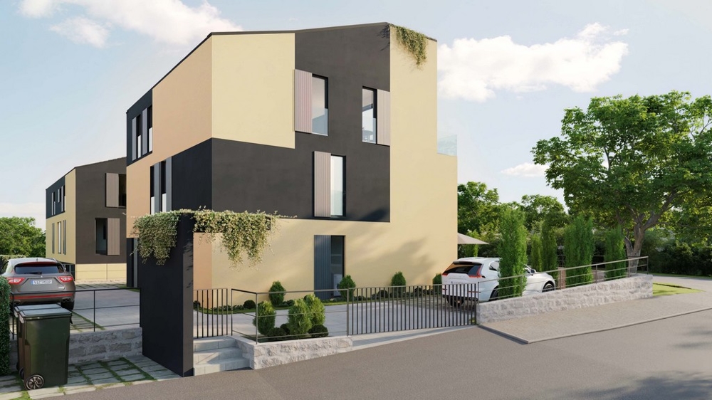 Fastigheter Kroatien, köp en lägenhet på ön Krk - sidovy, modern arkitektur med accenter i natursten och integrerade grönområden