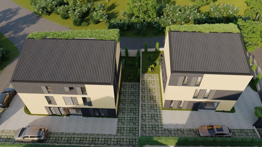 Fastigheter Kroatien, fågelperspektiv av två moderna lägenheter till salu på ön Krk med omgivande trädgårdar