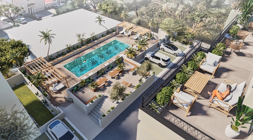 Fastigheter i Kroatien, Makarska, lägenhet med havsutsikt: fågelperspektiv av ett modernt bostadskomplex med pool, solterrass och parkeringsplats