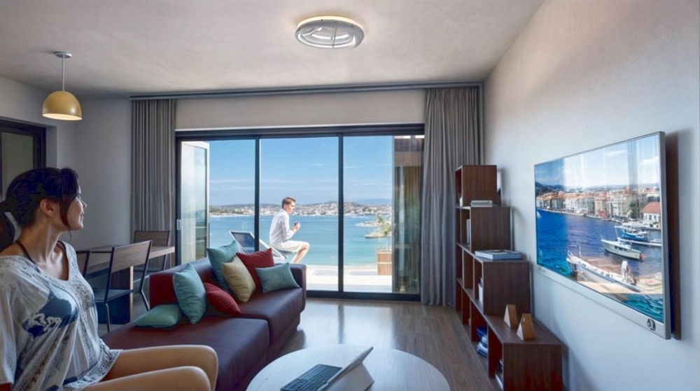 Havsutsikt från den moderna lägenheten A3443 i Kroatien.