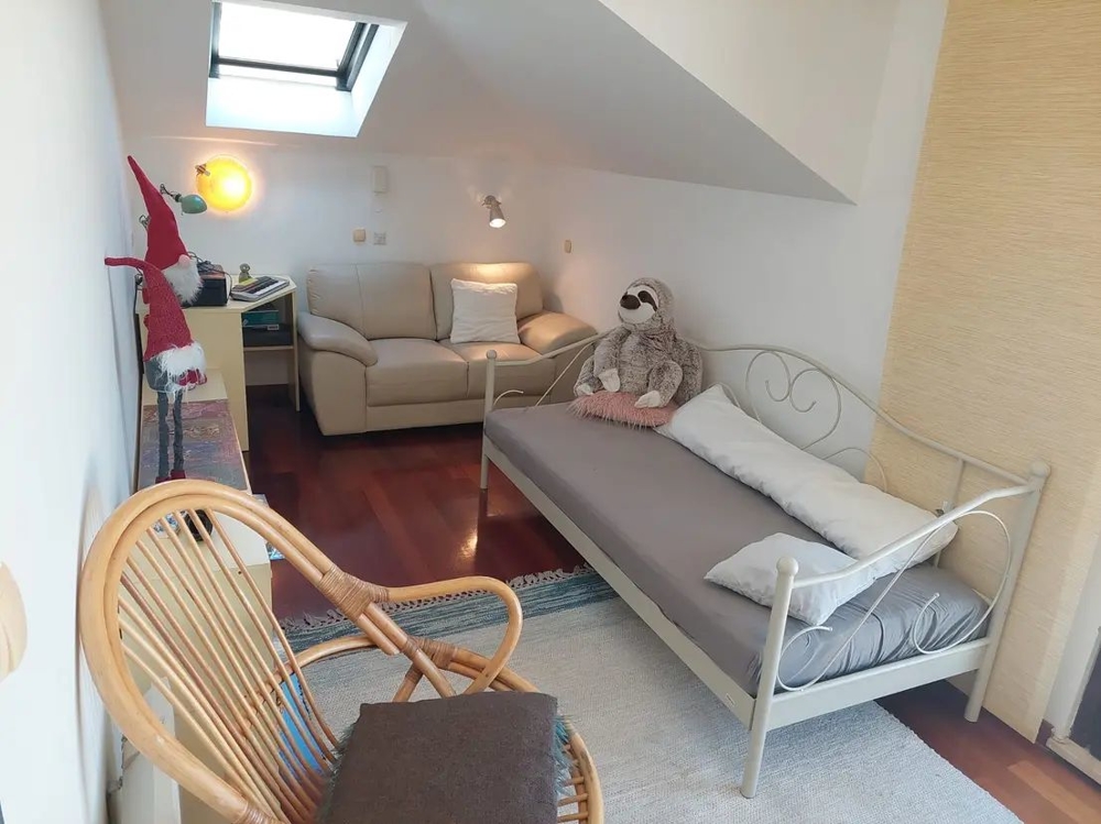 Rum med soffa, takfönster, säng och dekorationer