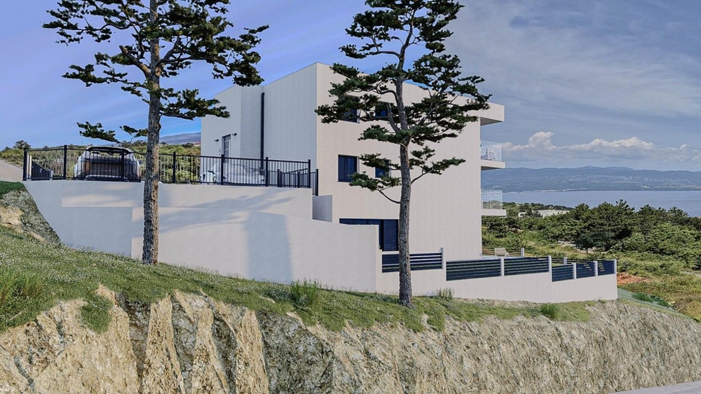 Sidovy av den moderna nya byggnaden A3480 i Vrbnik, ön Krk.