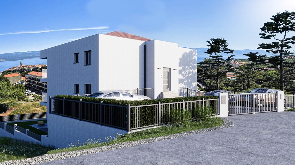 Baksidan av byggnaden där lägenhet A3481 i Vrbnik ligger.