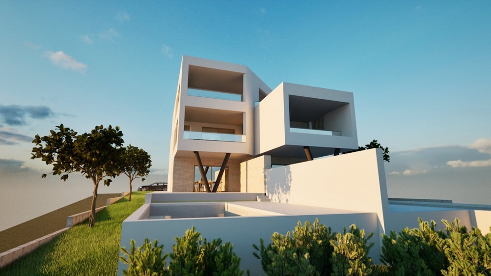 Visualisering av bostadshuset A3577 med trädgårdar och pool i Vodice.