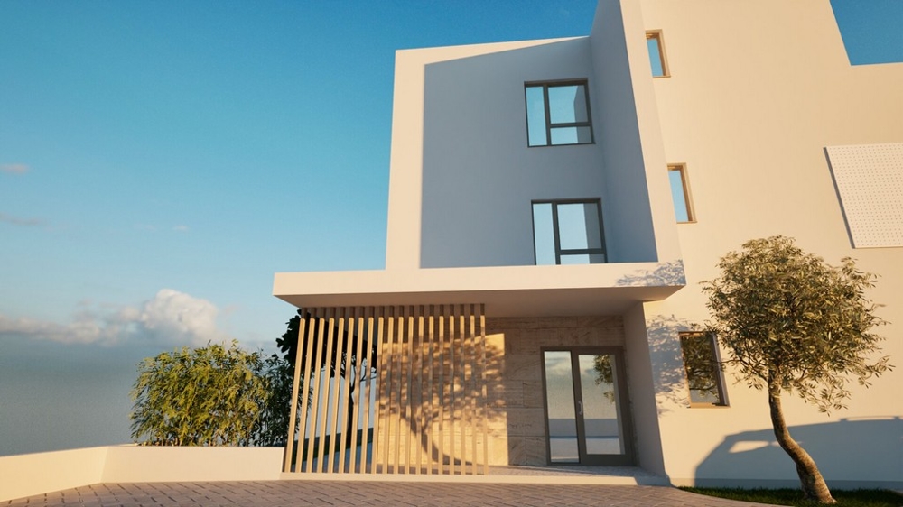 Visualisering av husets entré med träribbor, nybyggnad A3577 i Vodice.
