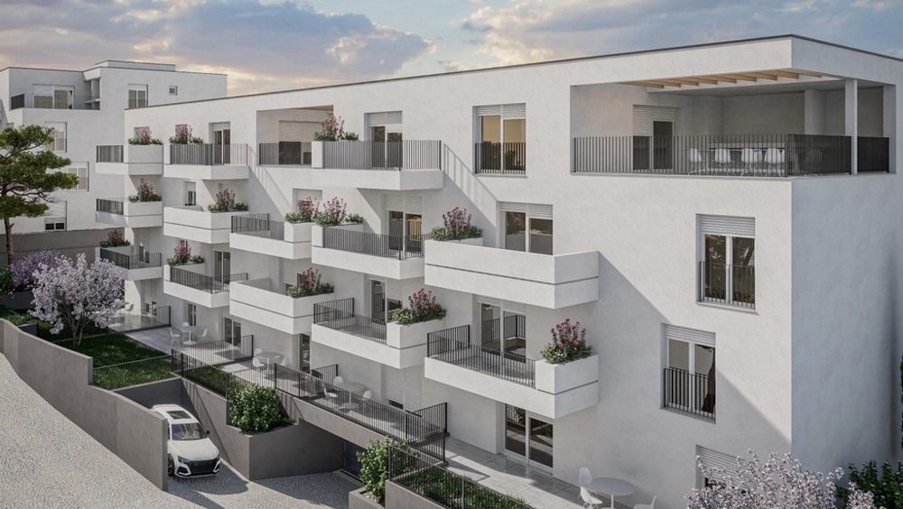 Visualisering av bostadshus med parkeringsplatser - Ciovo Island, Kroatien.