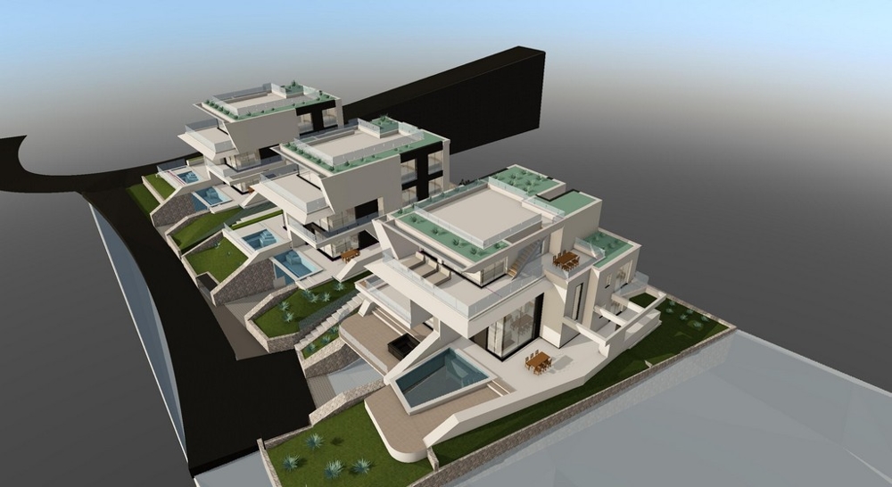 Visualisering av bostadskomplexet med pooler