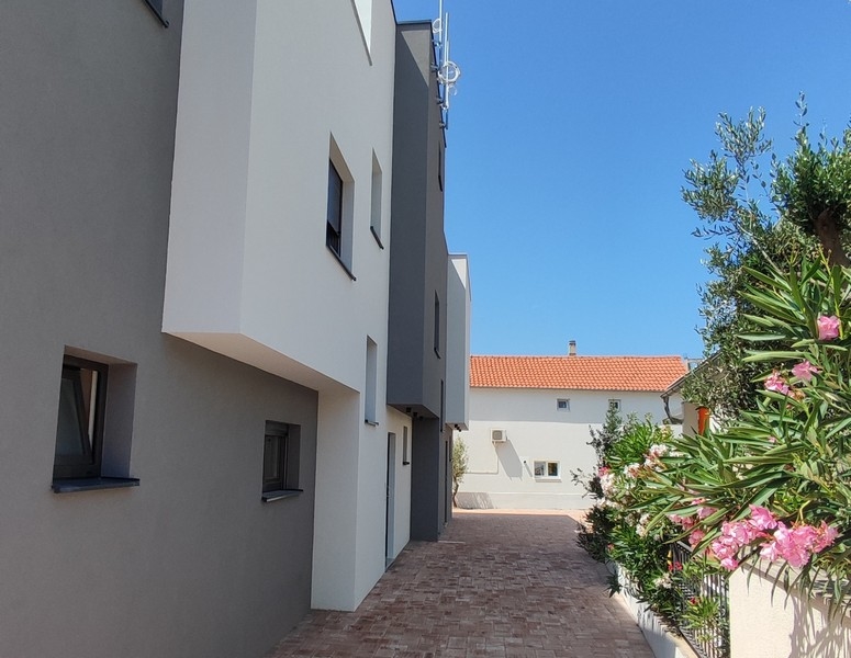 Husentré med modern fasad och oleander