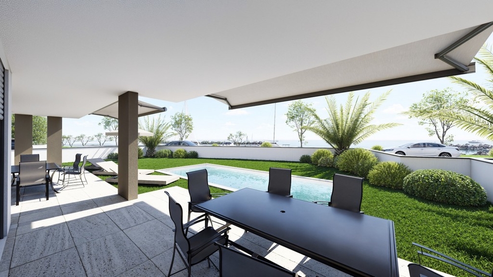 Visualisering av den täckta terrassen med trädgård och pool