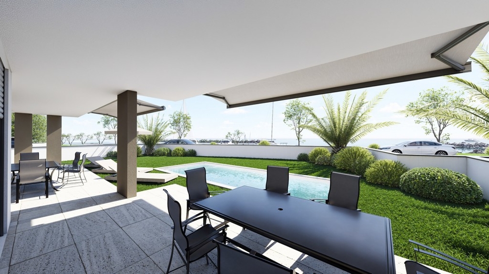 Visualisering av terrassen med pool och grön uteplats