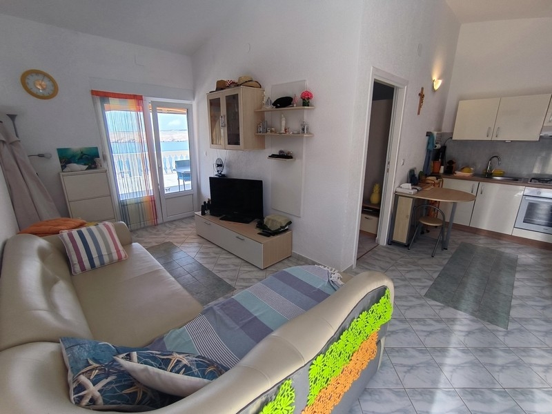 Vardagsrum och utsikt över fastighetens kök.