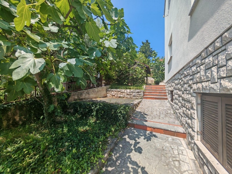 Utomhustrappa med natursten och trädgård