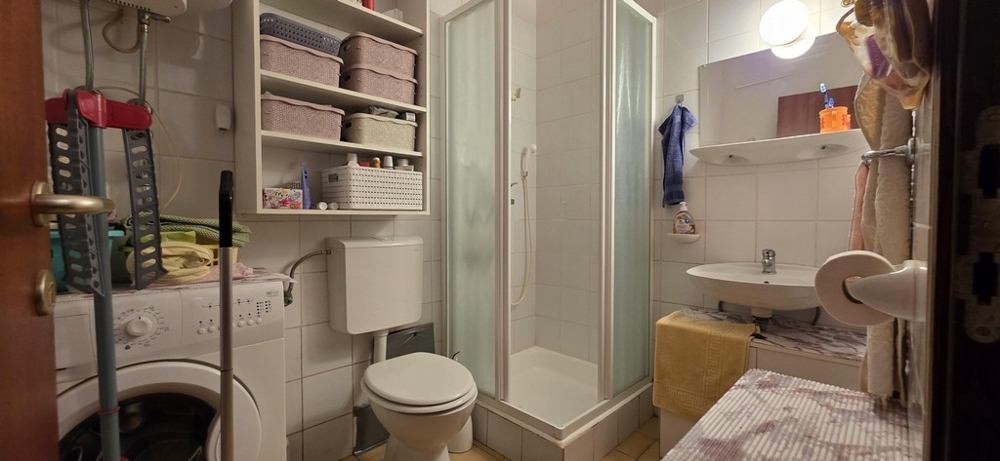 Badrum med dusch, toalett och tvättmaskin