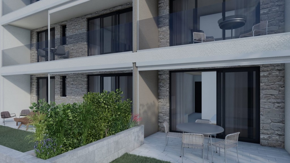 Utsikt över de nya lägenheterna på bottenvåningen.