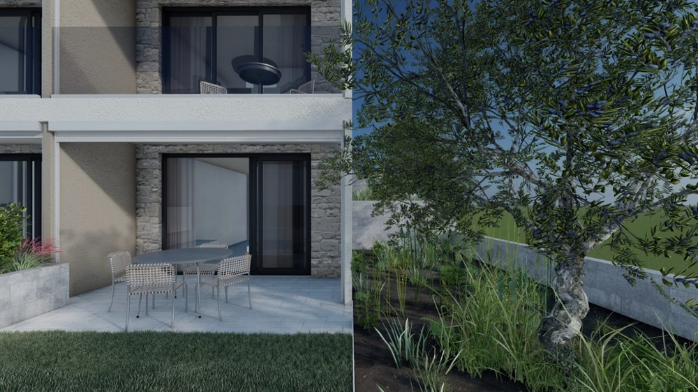 Terrass på bottenvåningen med sittplatser och trädgård