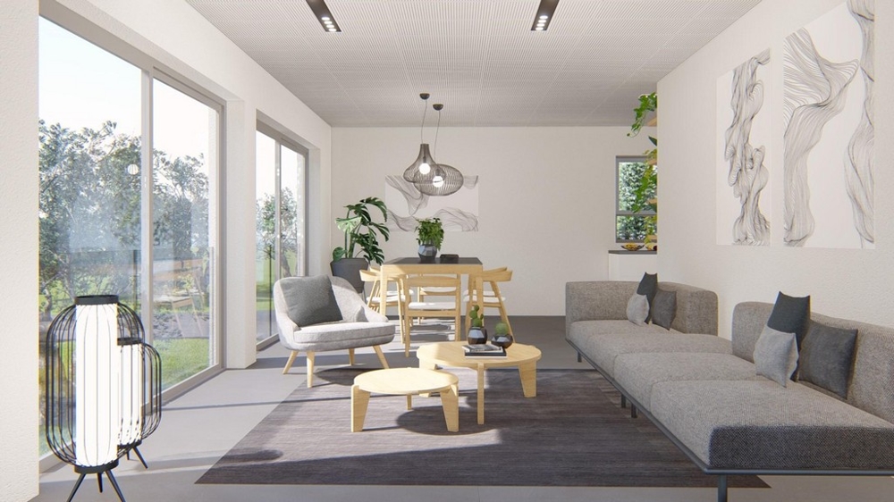 Vardagsrum med stora fönsterfronter och utgång till altan