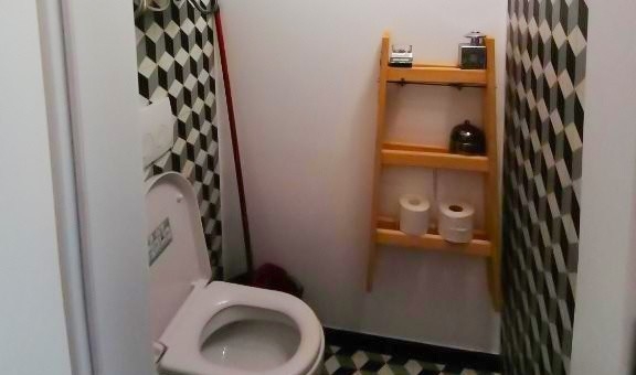 Toalett i det lilla badrummet.