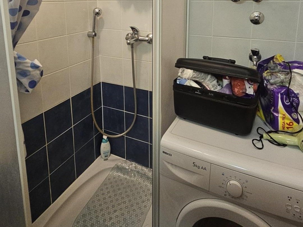 Badrum med dusch och tvättmaskin