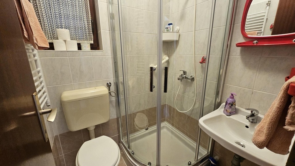 Badrum med dusch, toalett och handfat