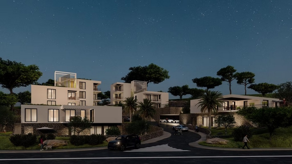 Nybyggd bostad nattvy med belysning - fastighet A3754 Primosten