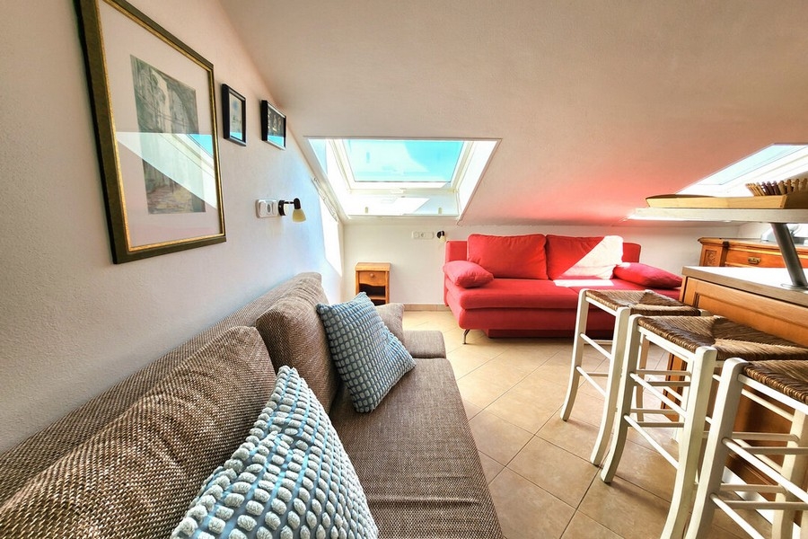 Vardagsrum med två soffor och takfönster