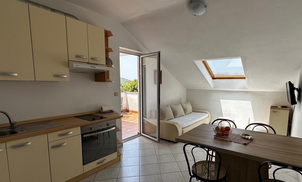 Vardagsrum med kök och tillgång till altan