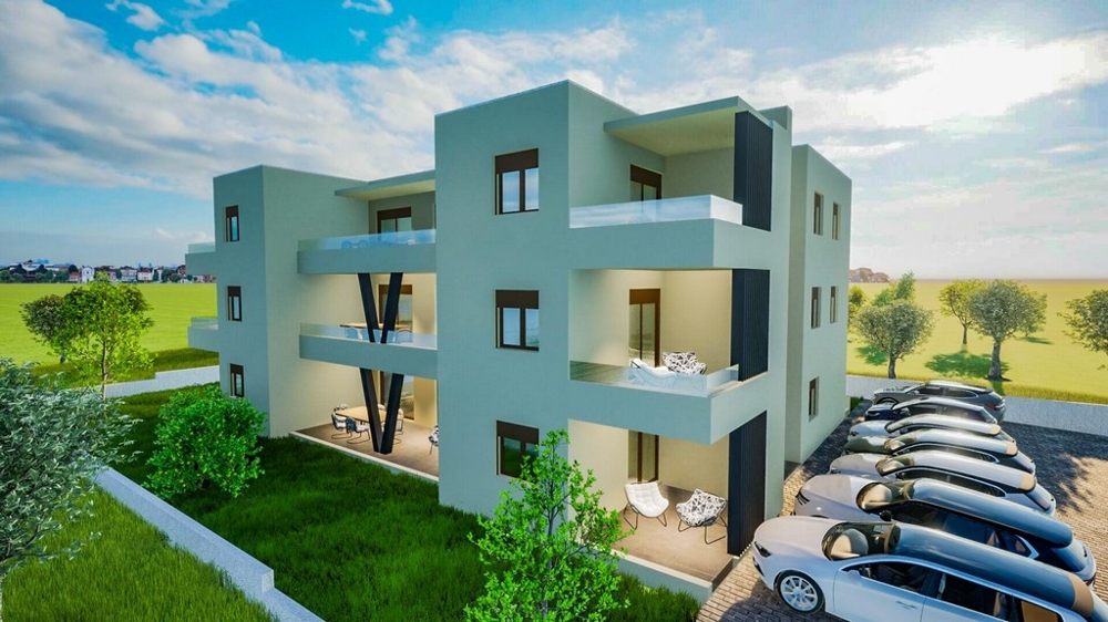 Visualisering av modernt bostadshus med balkonger