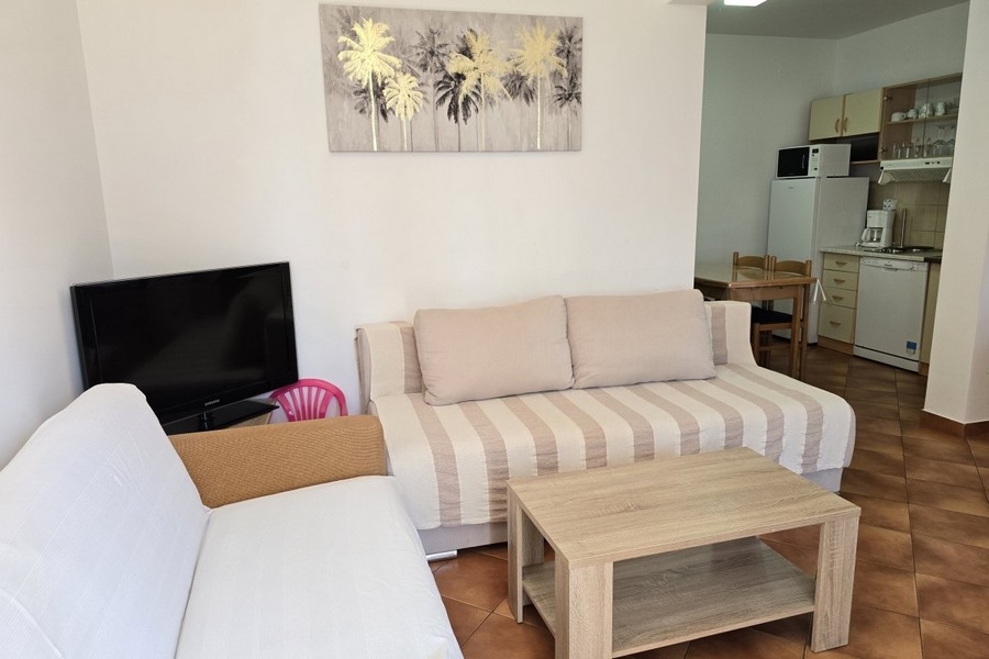 Vardagsrum med soffa, soffbord och TV