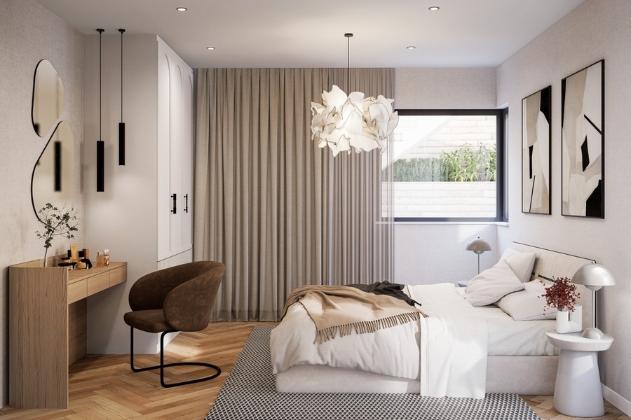 Modernt designat sovrum med stilfull inredning