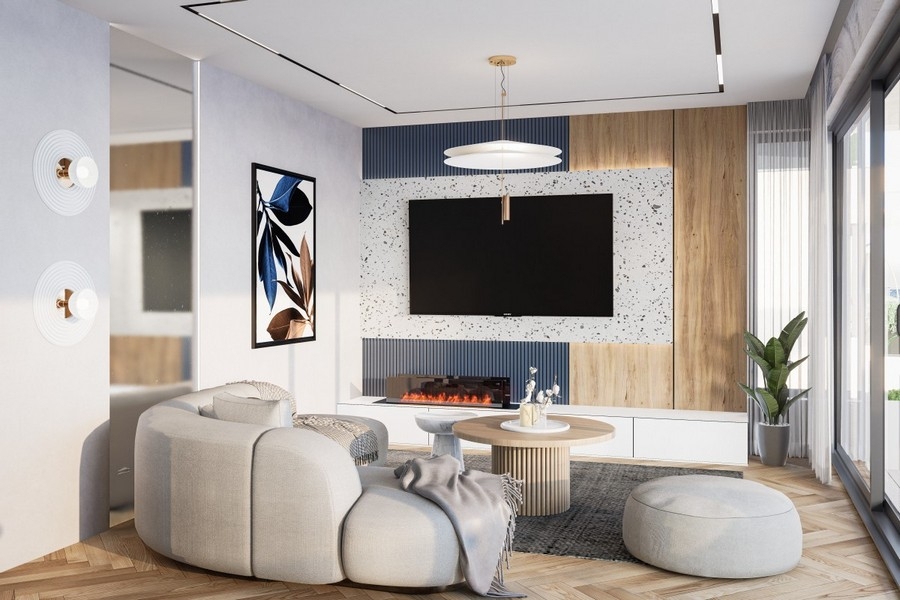 Modernt vardagsrum med öppen spis och designmöbler