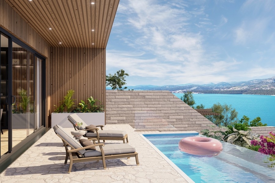 Terrass med privat pool och havsutsikt