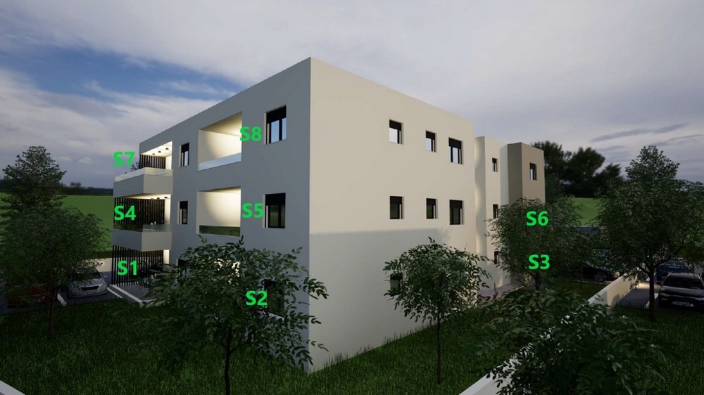 Visualisering av bostadshuset med lägenheternas läge