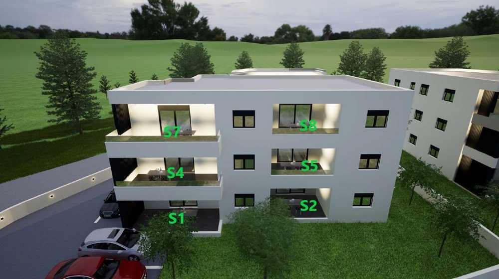 Visualisering av den nya byggnaden med parkeringsplatser framför byggnaden