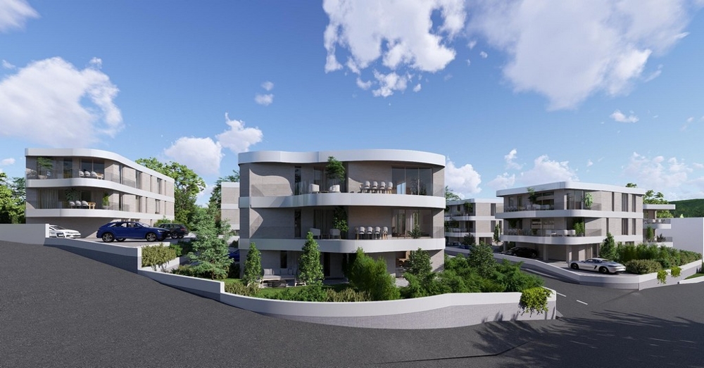 Bostadskomplex i Krk, visualisering med parkeringsplatser och grönområden