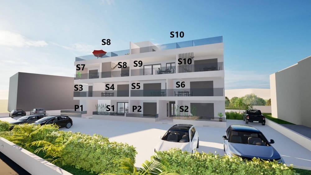 Vy över byggnaden med läge för lägenhet S9 på andra våningen