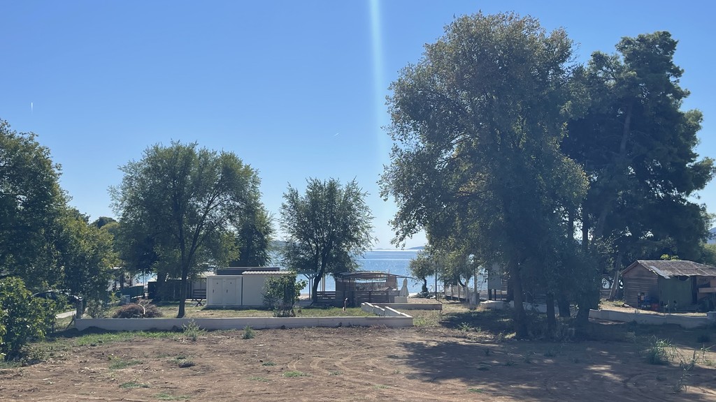 Utsikt från trädgården mellan träden till havet
