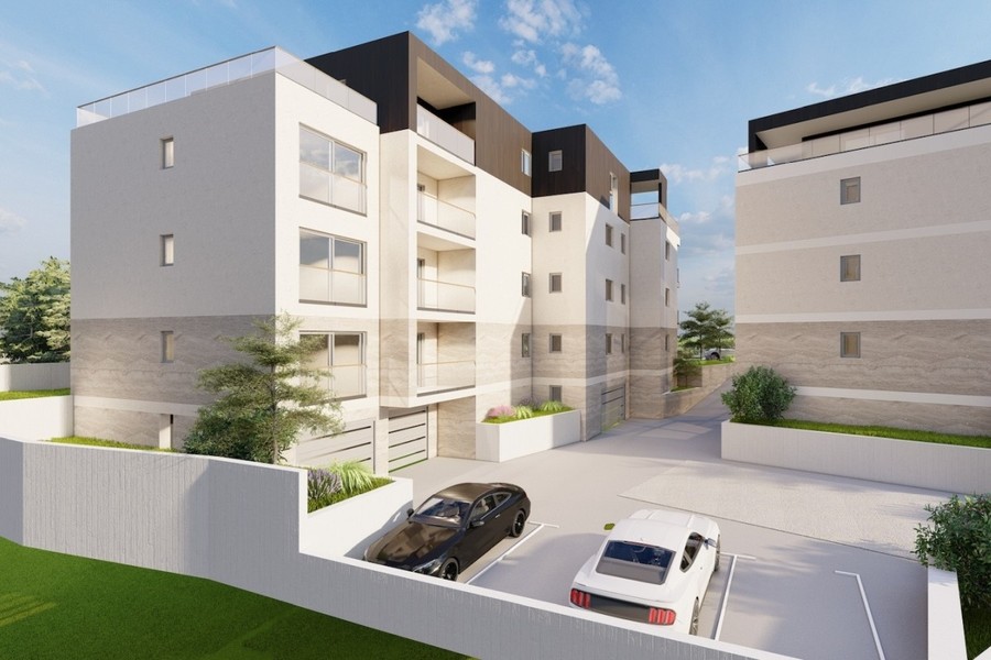 Visualisering: gård med parkeringsplatser och planteringar