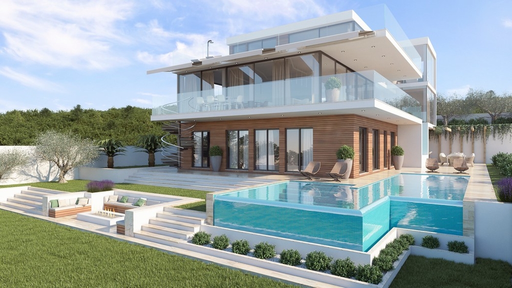 Ett nytt byggnadsområde i utkanten av en liten stad i Kroatien, där fastigheten ligger med havsutsikt