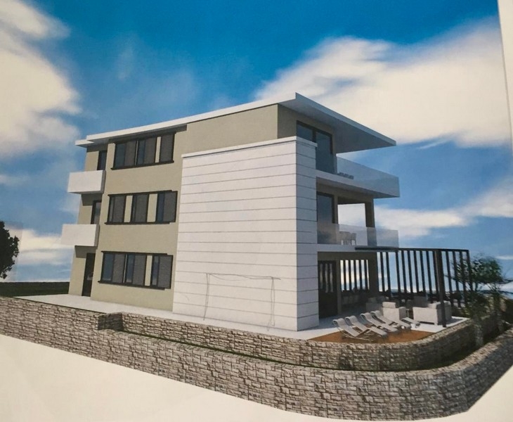 Tomt med 3D-visualisering av en villa.