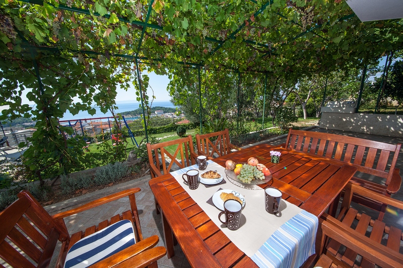 Skuggig terrass med matplats i villans trädgård.