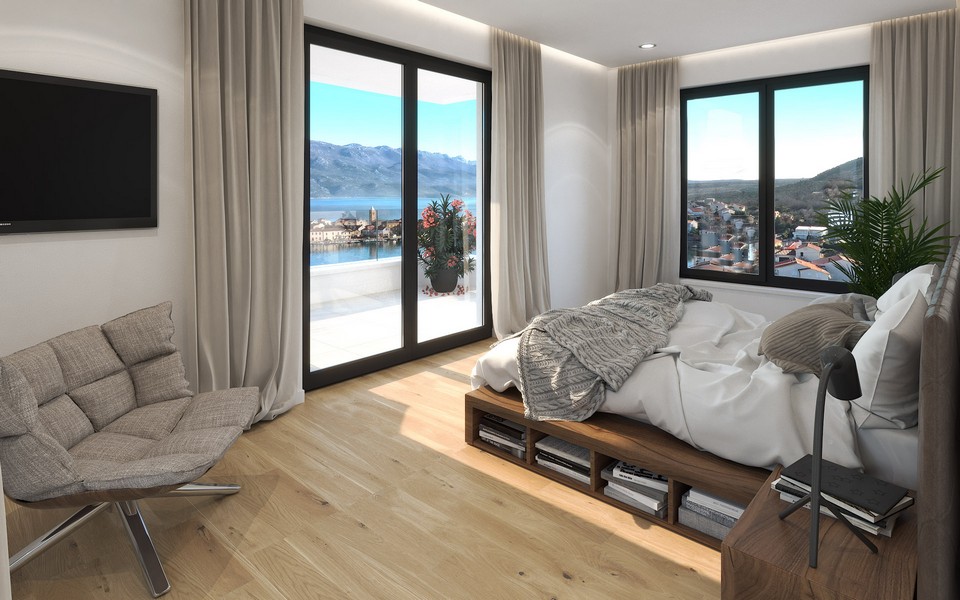 Sovrum med havsutsikt.