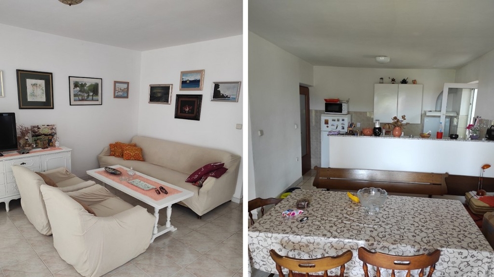 Vardagsrum, kök och matplats.