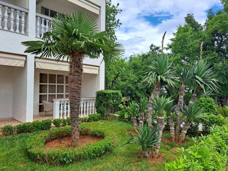 Vackert anlagd trädgård med pool