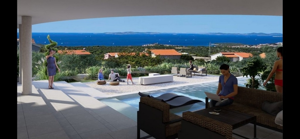 Utsikt från en täckt terrass på en lyxig kroatisk villa med gäster som njuter av havsutsikten – Köp en villa i Kroatien.