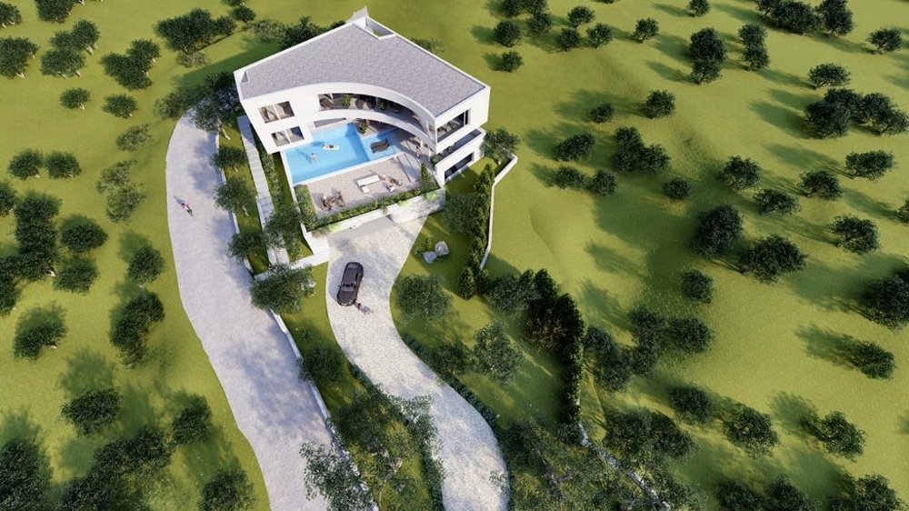 Flygfoto över en designorienterad villa i Kroatien med pool och stor trädgård, bort från liv och rörelse, för kräsna köpare - lyxfastighet i Kroatien.
