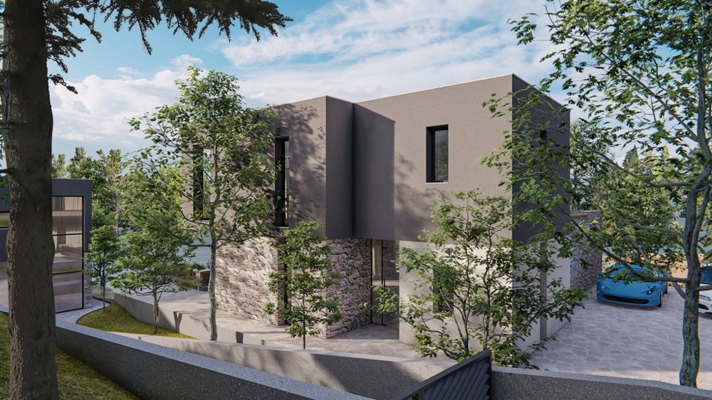 Sidovy av en modern villa till salu i Kroatien, med parkeringsplatser och träd