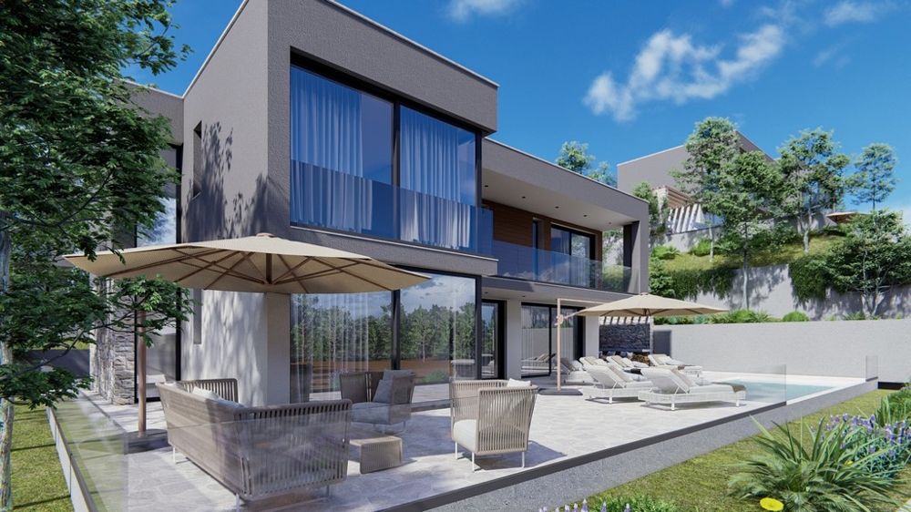 Detaljerad vy av en modern villa med uteservering och parasoll i Kroatien.