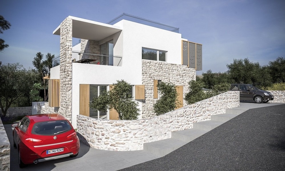 Framifrån av en modern villa med parkeringsplats till salu i Jezera, Murter, Kroatien